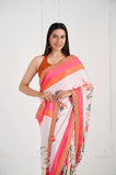 Offwhite Floral Printed Satin Handwork Saree
