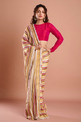 Offwhite Yellow Stripes Organza Handwork Designer Saree