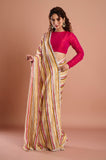 Offwhite Yellow Stripes Organza Handwork Designer Saree