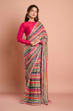 Orange Blue Printed Georgette Stripe Saree