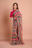 Orange Blue Printed Georgette Stripe Saree