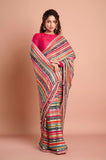 Orange Blue Printed Georgette Stripe Saree