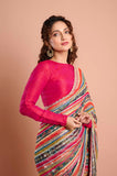 Orange Blue Printed Georgette Stripe Saree
