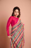 Orange Blue Printed Georgette Stripe Saree