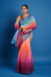 Orange Blue Shaded Organza Saree