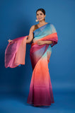 Orange Blue Shaded Organza Saree