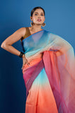 Orange Blue Shaded Organza Saree