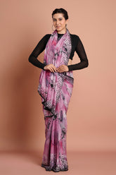 Pink Black Shaded Chinon Sequins Work Saree