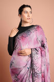 Pink Black Shaded Chinon Sequins Work Saree