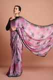 Pink Black Shaded Chinon Sequins Work Saree