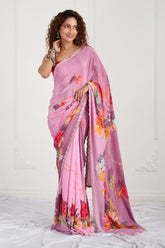 Pink Floral Printed Crepe Handwork Designer Saree