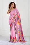 Pink Floral Printed Crepe Handwork Designer Saree