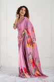 Pink Floral Printed Crepe Handwork Designer Saree