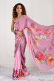 Pink Floral Printed Crepe Handwork Designer Saree
