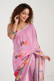 Pink Floral Printed Crepe Handwork Designer Saree