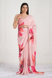 Pink Floral Printed Crepe Handwork Saree