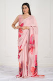 Pink Floral Printed Crepe Handwork Saree