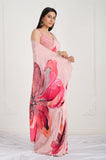 Pink Floral Printed Crepe Handwork Saree