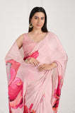 Pink Floral Printed Crepe Handwork Saree