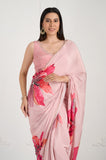 Pink Floral Printed Crepe Handwork Saree