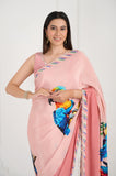 Pink Parrot Crepe Handwork Designer Saree