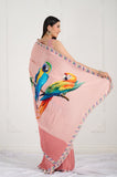 Pink Parrot Crepe Handwork Designer Saree