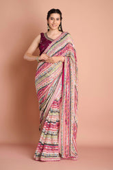 Pink Printed Georgette Stripe Saree