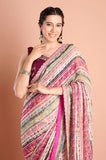 Pink Printed Georgette Stripe Saree
