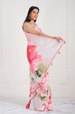 Pink Printed Modal Satin Handwork Designer Saree