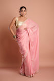 Pink Satin Tissue Jaquard Handwork Designer Saree