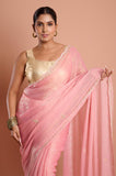Pink Satin Tissue Jaquard Handwork Designer Saree