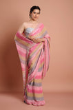 Pink Shaded Stripes Soft Organza Handwork Designer Saree