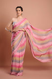 Pink Shaded Stripes Soft Organza Handwork Designer Saree