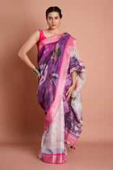 Purple Pure Linen Digital Printed Saree
