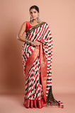Red and Black Diagonal Stripes Moonga Silk Hand Embroidered Saree