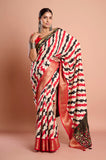 Red and Black Diagonal Stripes Moonga Silk Hand Embroidered Saree