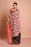 Red and Black Diagonal Stripes Moonga Silk Hand Embroidered Saree