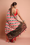 Red and Black Diagonal Stripes Moonga Silk Hand Embroidered Saree