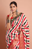 Red and Black Diagonal Stripes Moonga Silk Hand Embroidered Saree