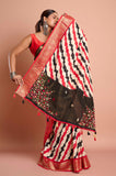 Red and Black Diagonal Stripes Moonga Silk Hand Embroidered Saree