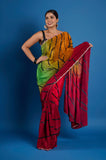 Red Green Shaded Stripes Crepe Handwork Designer Saree