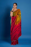 Red Green Shaded Stripes Crepe Handwork Designer Saree
