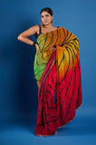Red Green Shaded Stripes Crepe Handwork Designer Saree