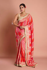 Red Pink Bandhani Georgette Handwork  Saree