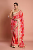 Red Pink Bandhani Georgette Handwork  Saree