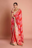 Red Pink Bandhani Georgette Handwork  Saree
