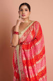 Red Pink Bandhani Georgette Handwork  Saree