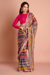 Red Yellow Printed Georgette Stripe Saree