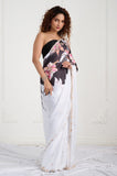 White Black Modal Satin Handwork Designer Saree