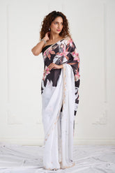 White Black Modal Satin Handwork Designer Saree